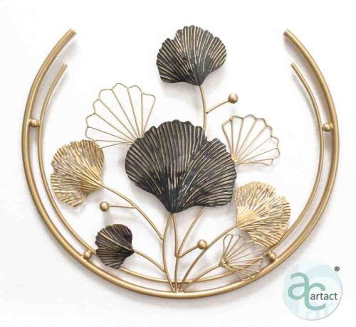 495 Mm Grey Gold Moon With Ginkgo And Wired Leaves Wall Art Metal Ring