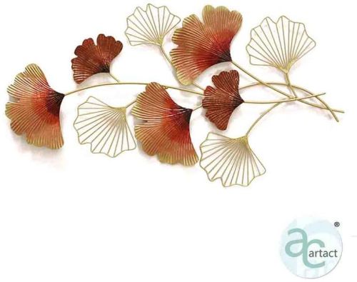 Quirky Orange Ginkgo And Wired Leaves Branch Metal Wall Art