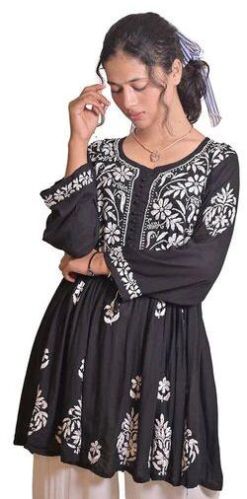 Black Georgette Chikankari Short Kurti, Size : M, XL