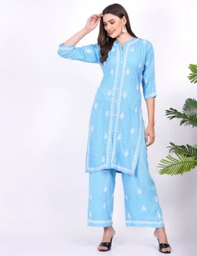 Blue Rayon Chikankari Suit Set, Occasion : Causal Wear, Party Wear