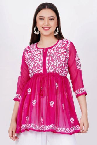 Dark Pink Georgette Chikankari Short Kurti, Technics : Embroidery Work