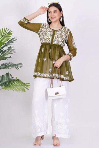 Green Georgette Chikankari Short Kurti, Size : M, L, XL