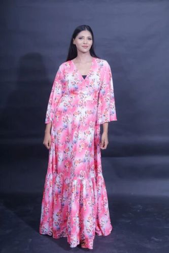 Pink Floral Printed Full Length Gown, Size : S, M, XL