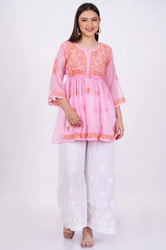 Light Pink Georgette Chikankari Short Kurti, Technics : Embroidery Work