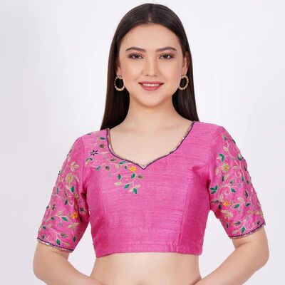 Pink Raw Silk Embroidered Blouse, Gender : Female