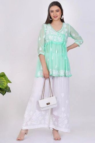 Sea Green Georgette Chikankari Short Kurti, Size : M, L, XL