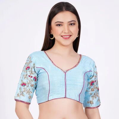 Sky Blue Raw Silk Embroidered Blouse, Gender : Female