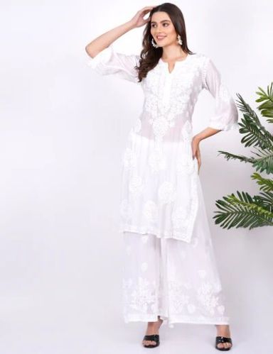 SUFIZA's Rayon Cotton White Muslin Chikankari Kurti, Length : 45