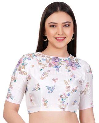Sufiza Thread Zardosi Sequin Handwork Stitched White Silk Embroidered Blouse, Size : XL