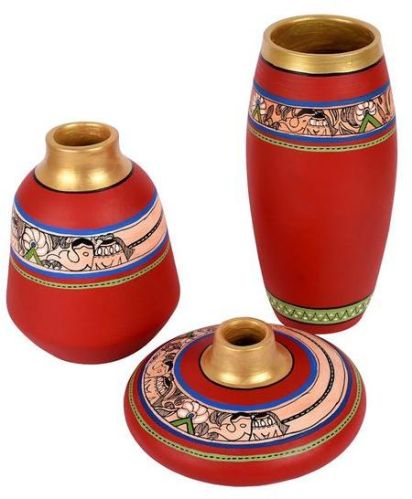 Plain Polished Red Madhubani Vase, For Restaurant Decor, Hotel Decor, Home Decor, Style : Antique