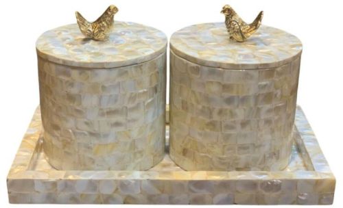 Rectangular Mother Of Pearl Tray Set With 2 Jar