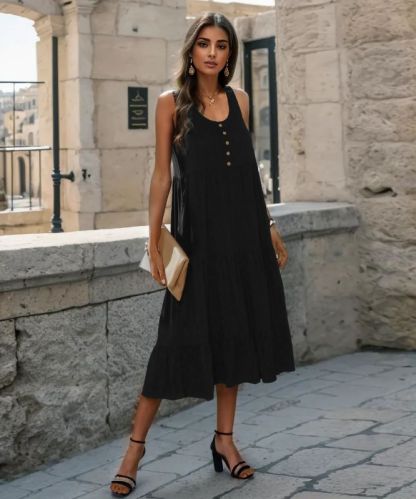 Plain Cotton Ladies Tiered Black Dress, Occasion : Casual Wear