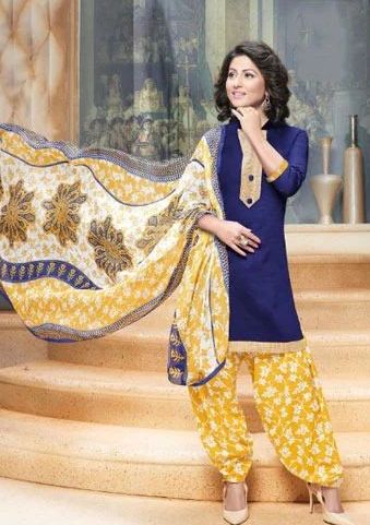 Blue 3/4 Sleeves Plain Cotton Printed Salwar Suit, Fit Type : Regular Fit