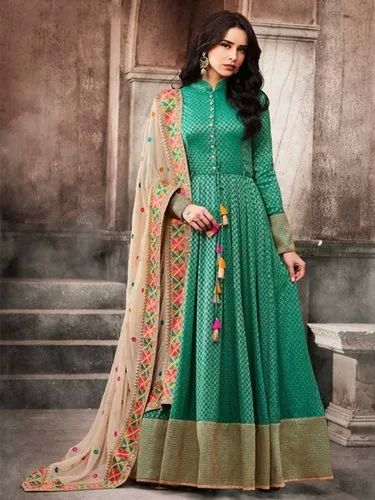 Green Cotton Printed Anarkali Suit, Occasion : Party Wear