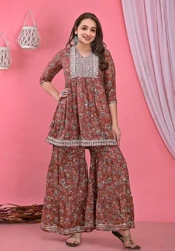 Regular Fit Half Sleeve Printed V-Neck Ladies Cotton Sharara Suit