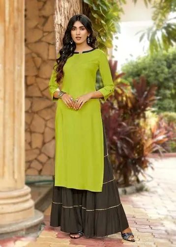 Ladies Plain Rayon Sharara Suit, Occasion : Casual Wear