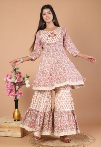 Regular Fit Round Neck Printed Rayon Fabric Sharara Suit