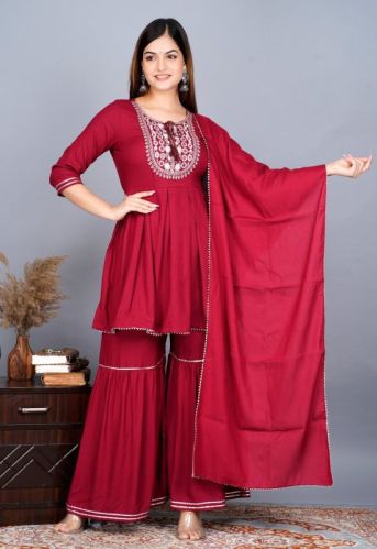 Red Rayon Designer Sharara Suit, Size : XL, M, L