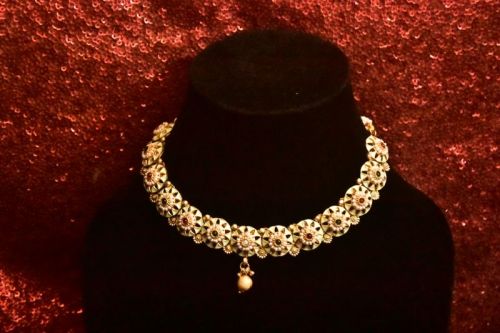 Printed Gold Plated Brass Choker Necklace Set, Style : Antique