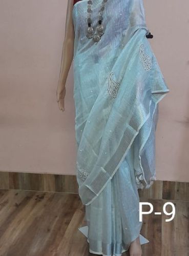 Tissue Linen Silver White Sarees, Technics : Machine Made