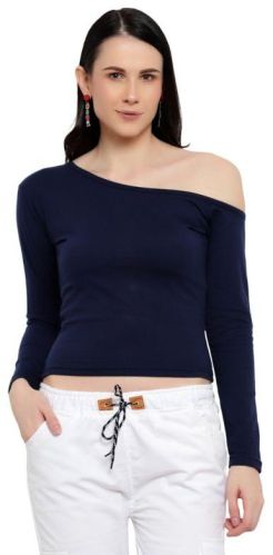 Blue Cotton One Shoulder Top, Size : M, XL