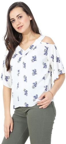 Blue Printed Cold Shoulder Top, Size : M, XL