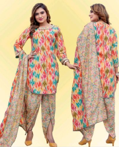 Multicolor Full Sleeves Printed Round Neck Cotton Patiala Salwar Suit, Fit Type : Regular Fit