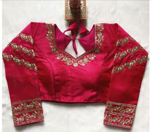 Sequins Work Stitched Half Sleeves Pink Sequence Embroidered Silk Blouse, Technics : Attractive Pattern