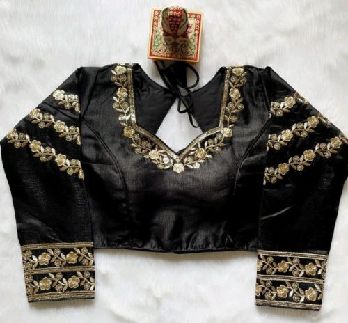 Stitched Half Sleeves Silk Black Embroidery Sequence Work Blouse, Technics : Attractive Pattern