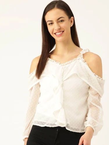 White Polyester Cold Shoulder Top, Size : M, XL