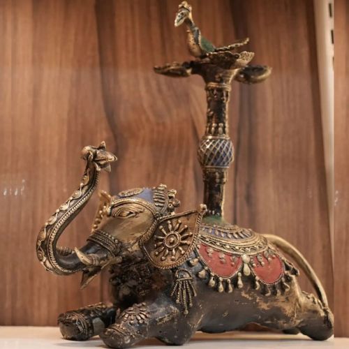 Bell Metal Elephant and Peacock Figurine, For Home Decor, Gifting, Technics : Hand Crafted