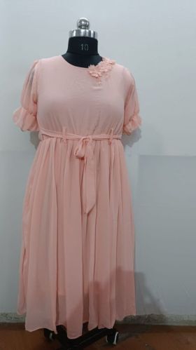 Ladies Peach Midi Knee Length Frock Dress