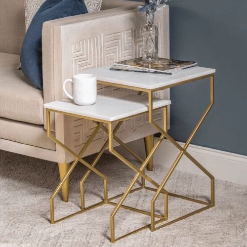 Printed Coated Marble Top Having Metal Frame Nesting End Table Set, For Restaurant, Office, Hotel, Home