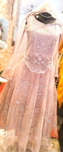 Embroidered Beige Net Gown, Size : Free Size