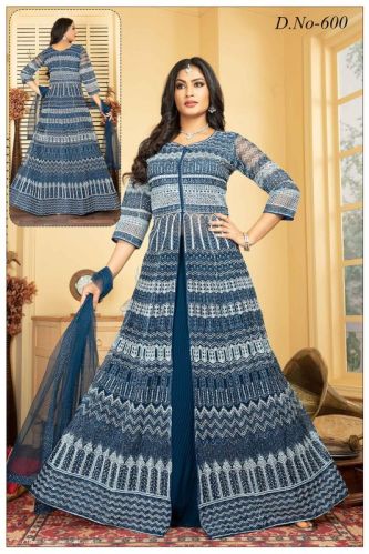 Printed Blue Georgette Gown, Size : S To XL
