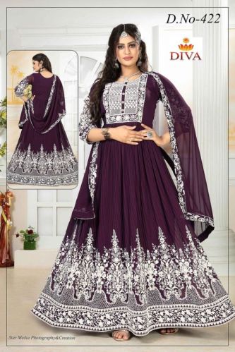 Diva Embroidered Maroon Georgette Gown, Occasion : Party Wear