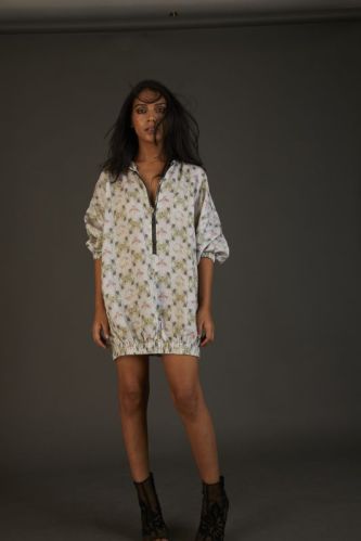 Floral V-neck Linen Short Zipper Dress, Occasion : Casual