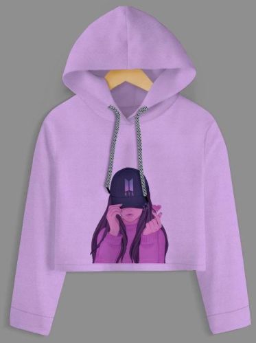 BTS Girl Printed Purple Crop Hoodie, Gender : Female