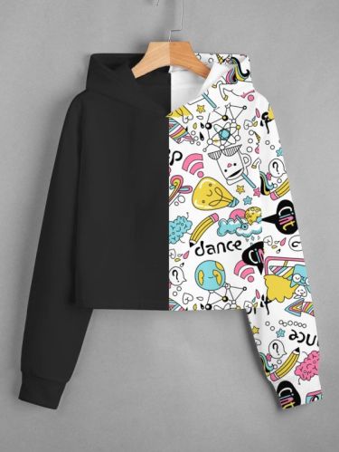Half Plain Black & Half Printed Crop Hoodie