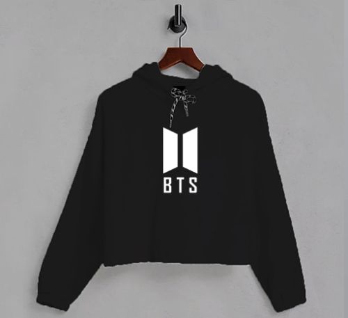 White BTS Logo Printed Black Crop Hoodie