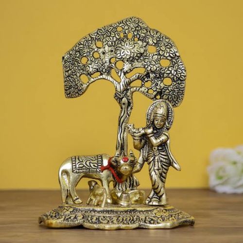 Silver Plated Aluminium Krishna Cow Statue, For Interior Decor, Office, Home, Gifting, Garden, Religious Purpose