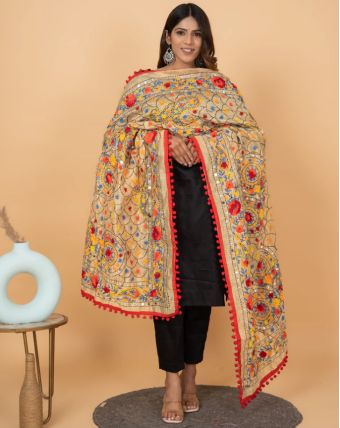 Hand Embroidered Pom Pom Phulkari Dupatta, Feature : Comfortable, Skin Friendly