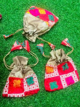 Printed Silk Phulkari Potli Bag, For Gift Packaging, Color : Multicolor