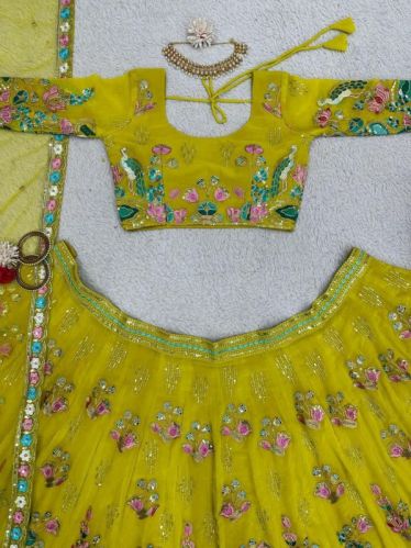 Yellow Faux Georgette Lehenga Choli, Size : S To XL