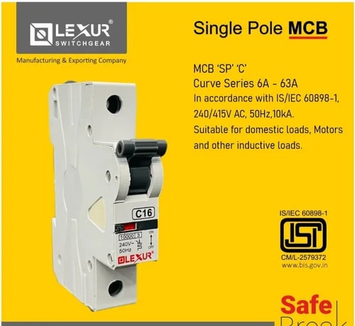 White Single Pole MCB Switch Without Neutral, For Electricity Safety, Certification : ISI Certified