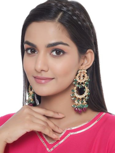 SH14-1989 Green & Pink Gold Plated Kundan Classic Drop Earrings