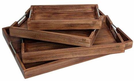 Pain Polished Rectangular Wooden Tray Set, For Homes, Hotels, Restaurants, Banquet, Size : Multisizes