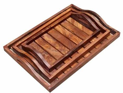 Rectengular Pain Polished Wooden Serving Tray Set, For Homes, Hotels, Restaurants, Size : Multisizes