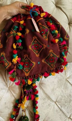 Embroidered Cotton Jhola Potli Bag, Color : Brown