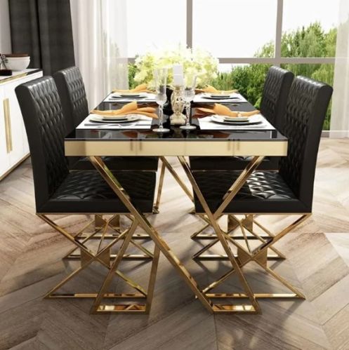 Black Rectangle 4 Seater Dining Table Sets, For Restaurant, Fabric Material : Leather